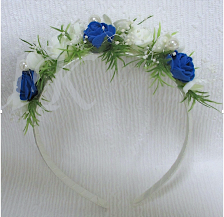 royal blue and white weddng flowers, royal blue flower girl headdress